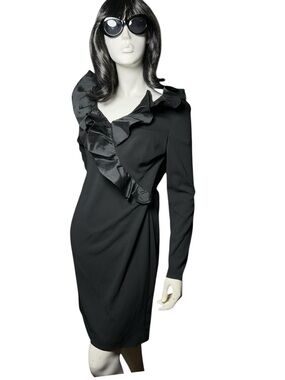 Lauren Ralph Lauren “Cincy” Black Taffeta Ruffle V-Neck Sheath Dress Size 8